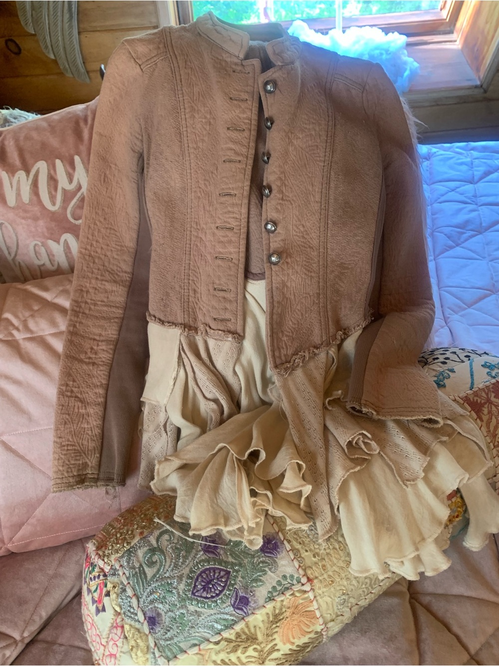 Gorgeous Vintage Victorian Layered Boho Jacket in Dusty Rose & Cream